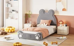 Lit 90x200 cm tapissé velours gris en forme d'ours, design ludique et confortable pour chambre d'enfant
