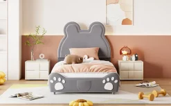 Lit 90x200 cm tapissé velours gris en forme d'ours, design ludique et confortable pour chambre d'enfant