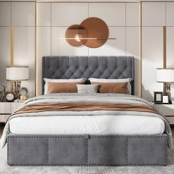 Lit 140x190 cm tapissé velours gris avec coffre de rangement et tête de lit 103 cm cloutée