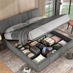 Lit 180x200 cm tapissé velours gris avec coffre hydraulique et tête réglable, style européen élégant