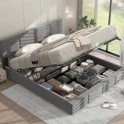 Lit 180x200 cm tapissé velours gris avec coffre hydraulique et tête réglable, style européen élégant