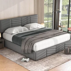 Lit 180x200 cm tapissé velours gris avec coffre hydraulique et tête réglable, style européen élégant