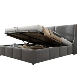 Lit 180x200 cm tapissé velours gris avec tête de lit rembourrée et coffre de rangement, levage hydraulique