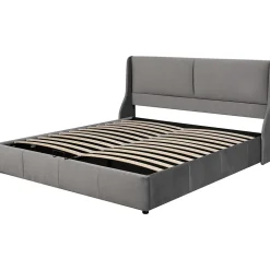 Lit 180x200 cm tapissé velours gris avec tête de lit rembourrée et coffre de rangement, levage hydraulique