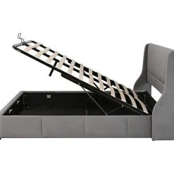 Lit 180x200 cm tapissé velours gris avec tête de lit rembourrée et coffre de rangement, levage hydraulique