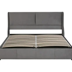 Lit 180x200 cm tapissé velours gris avec tête de lit rembourrée et coffre de rangement, levage hydraulique