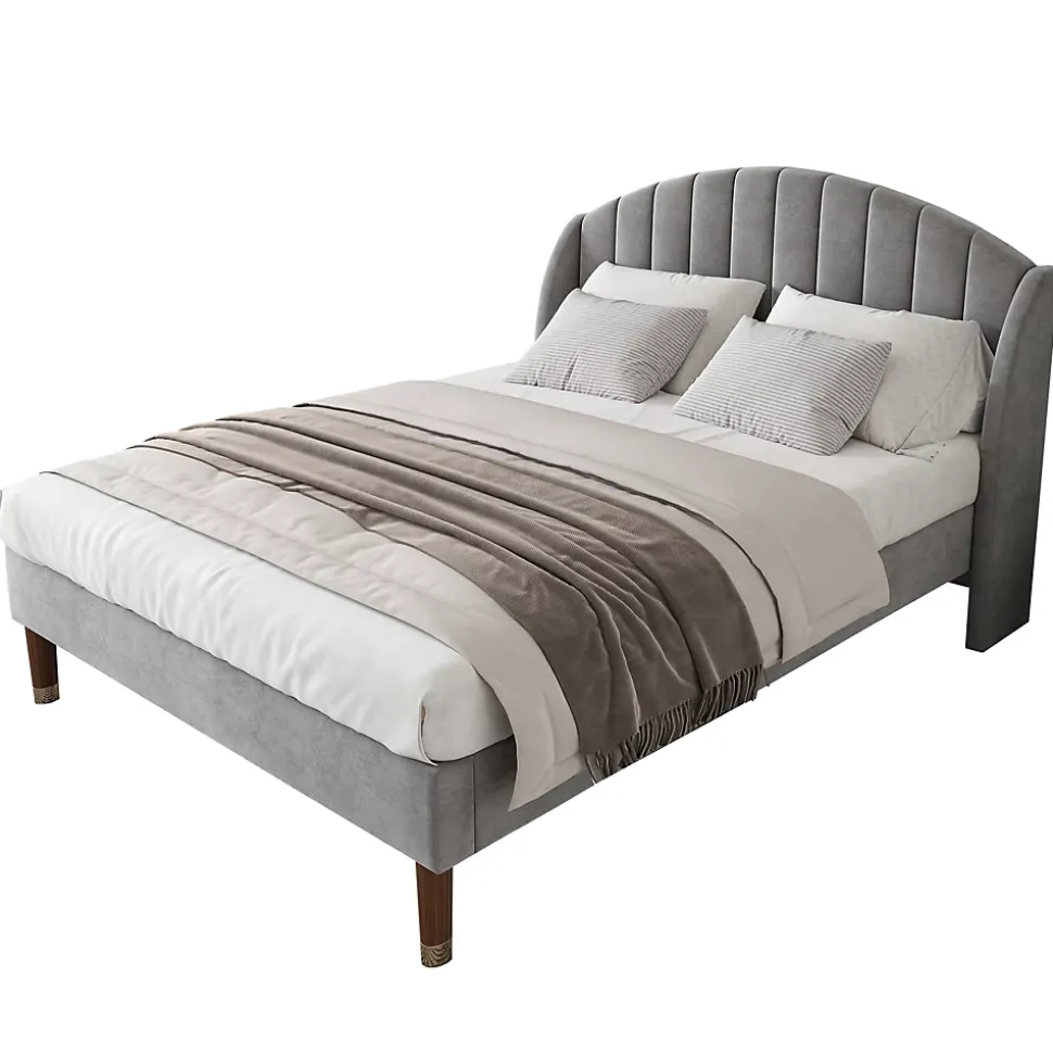 Lit 160x200 cm tapissé velours gris avec tête de lit rembourrée et sommier à lattes robuste, design moderne