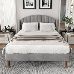 Lit 160x200 cm tapissé velours gris avec tête de lit rembourrée et sommier à lattes robuste, design moderne