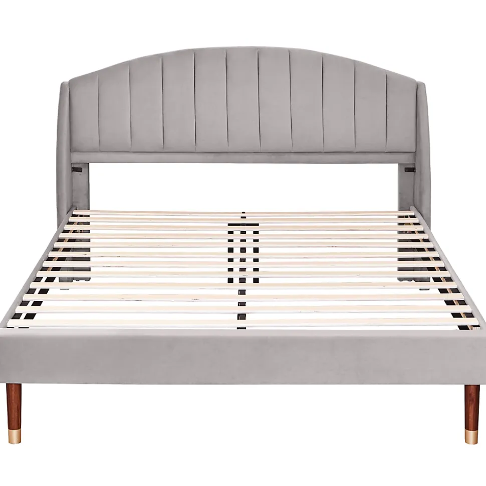 Lit 160x200 cm tapissé velours gris avec tête de lit rembourrée et sommier à lattes robuste, design moderne