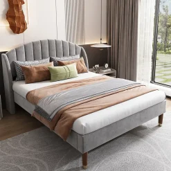 Lit 160x200 cm tapissé velours gris avec tête de lit rembourrée et sommier à lattes robuste, design moderne