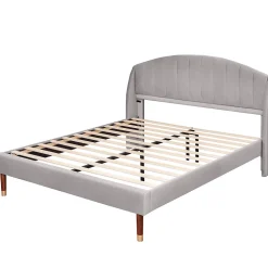 Lit 160x200 cm tapissé velours gris avec tête de lit rembourrée et sommier à lattes robuste, design moderne