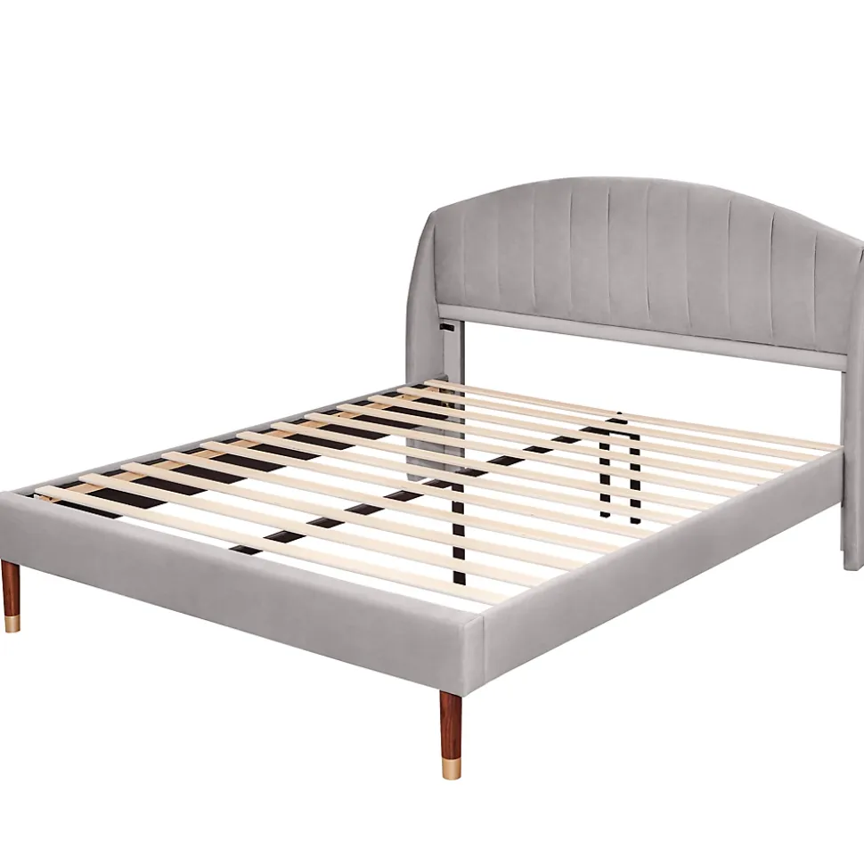 Lit 160x200 cm tapissé velours gris avec tête de lit rembourrée et sommier à lattes robuste, design moderne