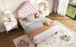 Lit 90x200 cm tapissé velours rose avec tête réglable, lattes en bois et pieds 20 cm, design élégant