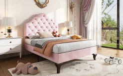 Lit 90x200 cm tapissé velours rose avec tête réglable, lattes en bois et pieds 20 cm, design élégant