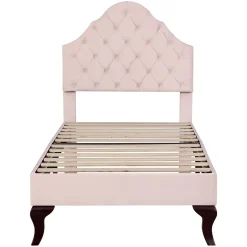 Lit 90x200 cm tapissé velours rose avec tête réglable, lattes en bois et pieds 20 cm, design élégant