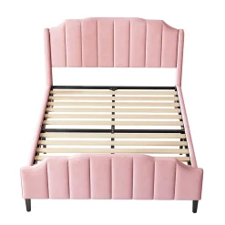 Lit 140x200 cm tapissé velours rose avec tête et pied rembourrés, cadre MDF robuste contemporain