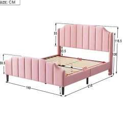 Lit 140x200 cm tapissé velours rose avec tête et pied rembourrés, cadre MDF robuste contemporain