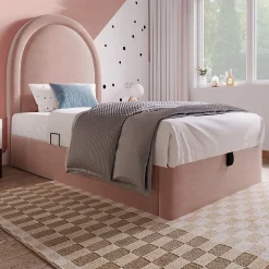 Lit 90x190 cm tapissé velours rose avec tête demi-cercle et coffre, cadre métal et bois massif, style moderne