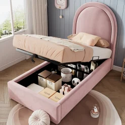 Lit 90x190 cm tapissé velours rose avec tête demi-cercle et coffre, cadre métal et bois massif, style moderne