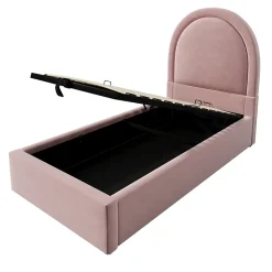 Lit 90x190 cm tapissé velours rose avec tête demi-cercle et coffre, cadre métal et bois massif, style moderne