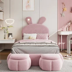 Lit 90x200 cm tapissé velours rose avec oreilles de lapin et éclairage LED réglable, 2 poufs