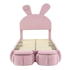 Lit 90x200 cm tapissé velours rose avec oreilles de lapin et éclairage LED réglable, 2 poufs