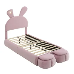Lit 90x200 cm tapissé velours rose avec oreilles de lapin et éclairage LED réglable, 2 poufs
