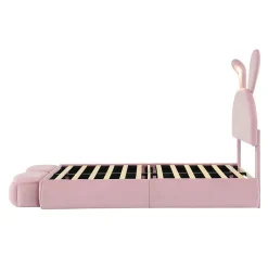 Lit 90x200 cm tapissé velours rose avec oreilles de lapin et éclairage LED réglable, 2 poufs
