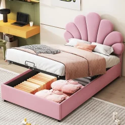 Lit 90x200 cm tapissé velours rose avec tête de lit fleurie et coffre de rangement hydraulique