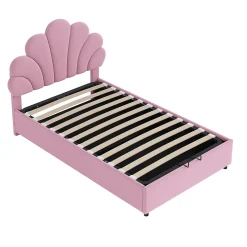 Lit 90x200 cm tapissé velours rose avec tête de lit fleurie et coffre de rangement hydraulique