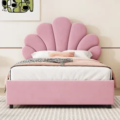 Lit 90x200 cm tapissé velours rose avec tête de lit fleurie et coffre de rangement hydraulique