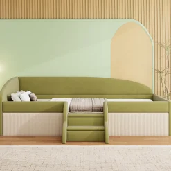 Lit 90x190 cm tapissé velours vert et crème, colorblock, barrières de sécurité et marches antidérapantes