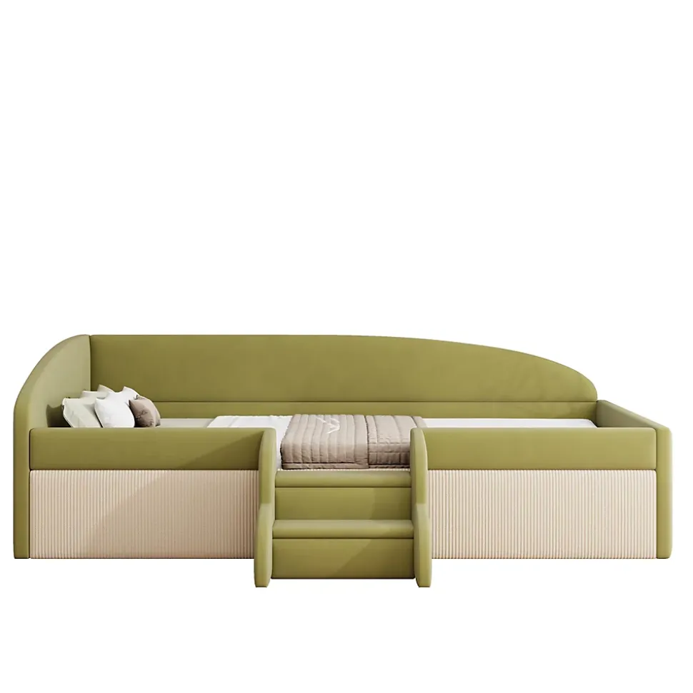 Lit 90x190 cm tapissé velours vert et crème, colorblock, barrières de sécurité et marches antidérapantes