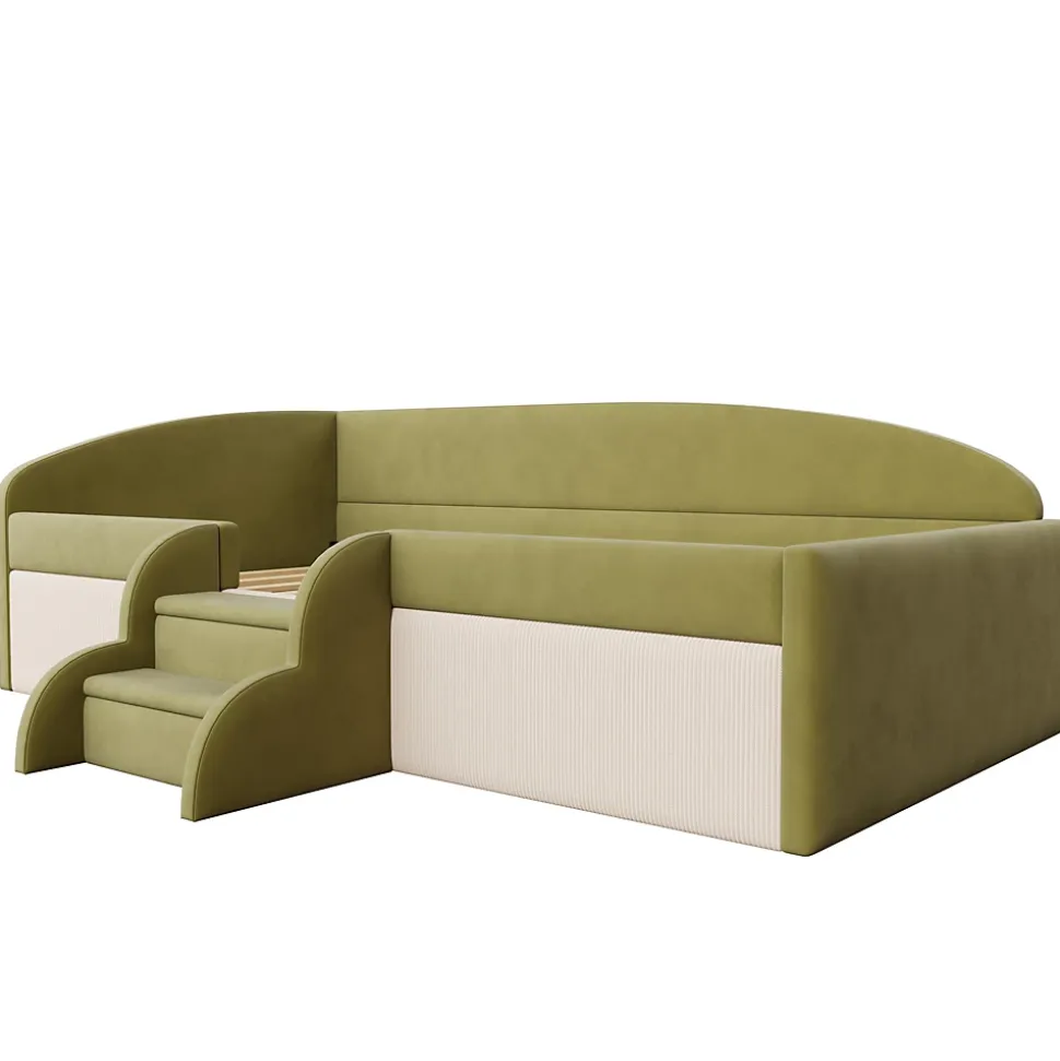 Lit 90x190 cm tapissé velours vert et crème, colorblock, barrières de sécurité et marches antidérapantes