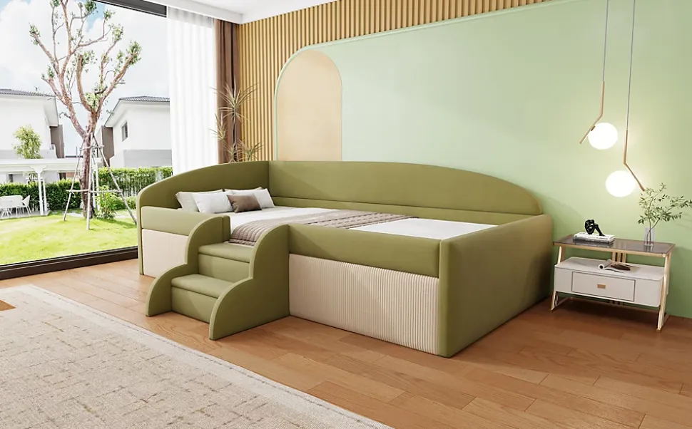 Lit 90x190 cm tapissé velours vert et crème, colorblock, barrières de sécurité et marches antidérapantes