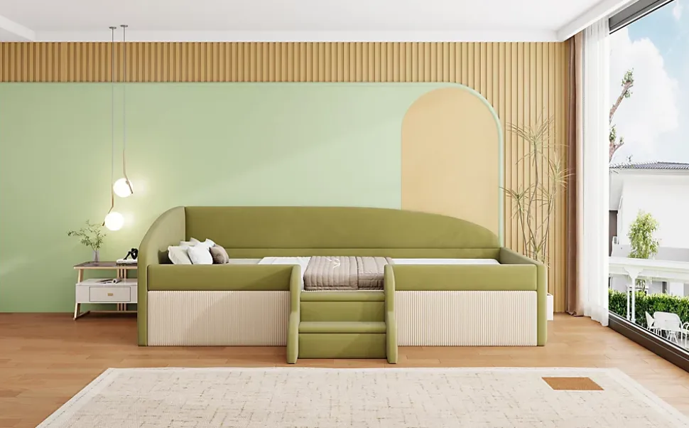 Lit 90x190 cm tapissé velours vert et crème, colorblock, barrières de sécurité et marches antidérapantes