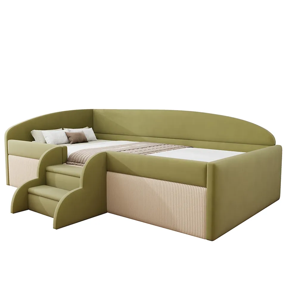 Lit 90x190 cm tapissé velours vert et crème, colorblock, barrières de sécurité et marches antidérapantes