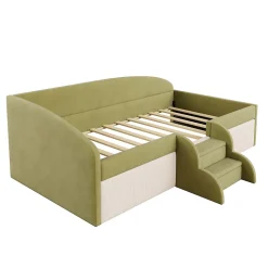 Lit 90x190 cm tapissé velours vert et crème, colorblock, barrières de sécurité et marches antidérapantes