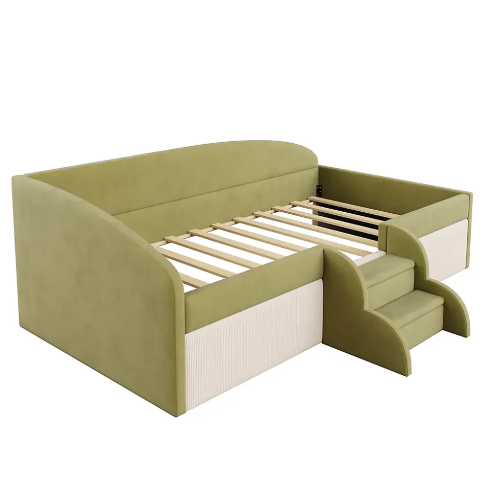 Lit 90x190 cm tapissé velours vert et crème, colorblock, barrières de sécurité et marches antidérapantes