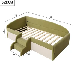 Lit 90x190 cm tapissé velours vert et crème, colorblock, barrières de sécurité et marches antidérapantes