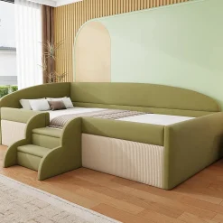 Lit 90x190 cm tapissé velours vert et crème, colorblock, barrières de sécurité et marches antidérapantes