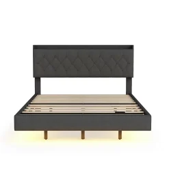 Lit 140x200 cm tapisse tissu lin gris, bande LED multicolore, port USB, coffre de rangement et tete de lit reglable