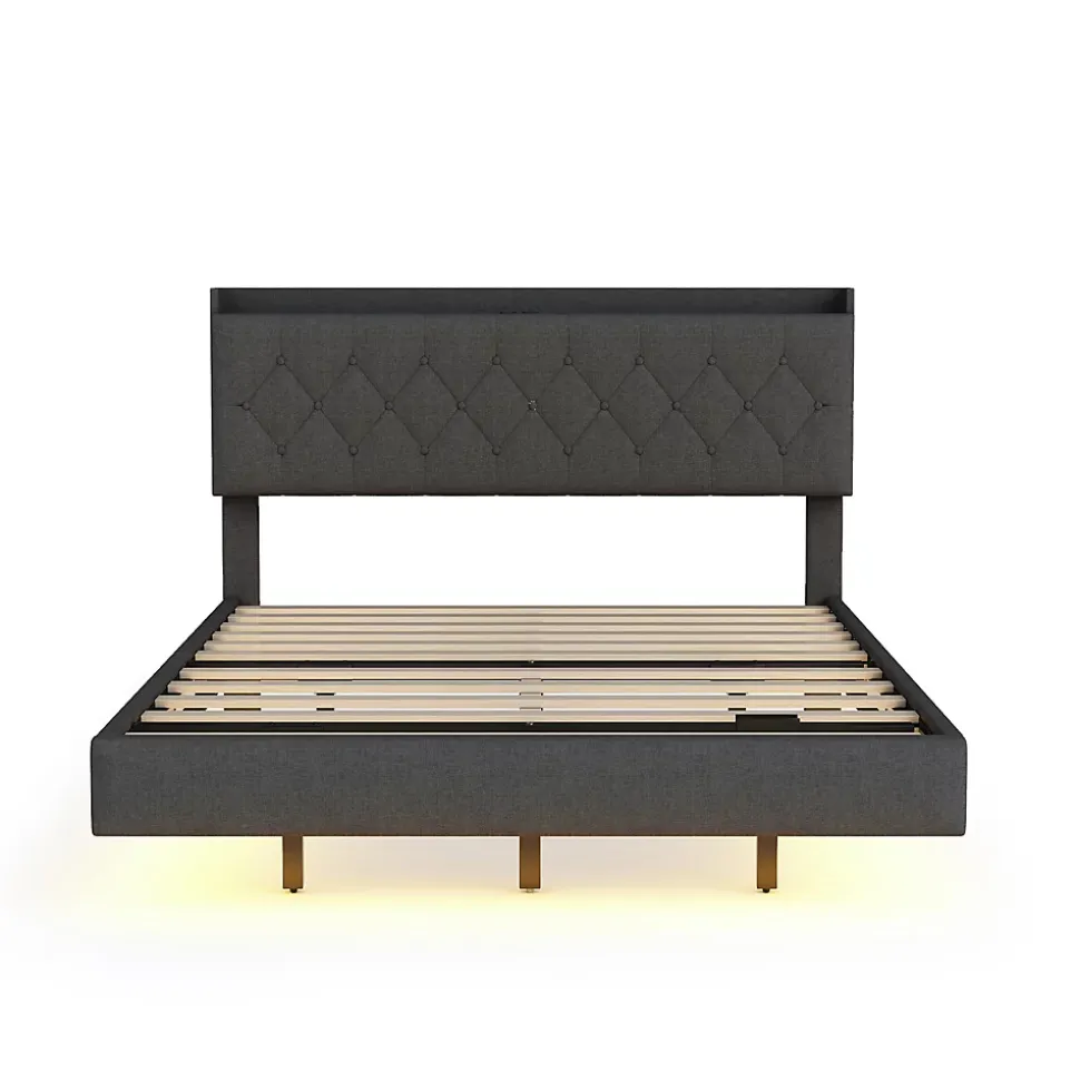 Lit 140x200 cm tapisse tissu lin gris, bande LED multicolore, port USB, coffre de rangement et tete de lit reglable