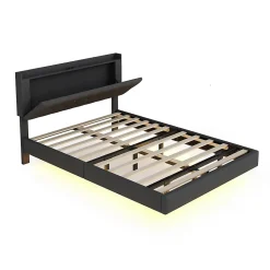 Lit 140x200 cm tapisse tissu lin gris, bande LED multicolore, port USB, coffre de rangement et tete de lit reglable