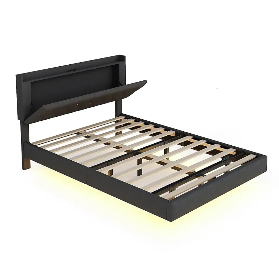 Lit 140x200 cm tapisse tissu lin gris, bande LED multicolore, port USB, coffre de rangement et tete de lit reglable