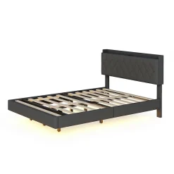 Lit 140x200 cm tapisse tissu lin gris, bande LED multicolore, port USB, coffre de rangement et tete de lit reglable