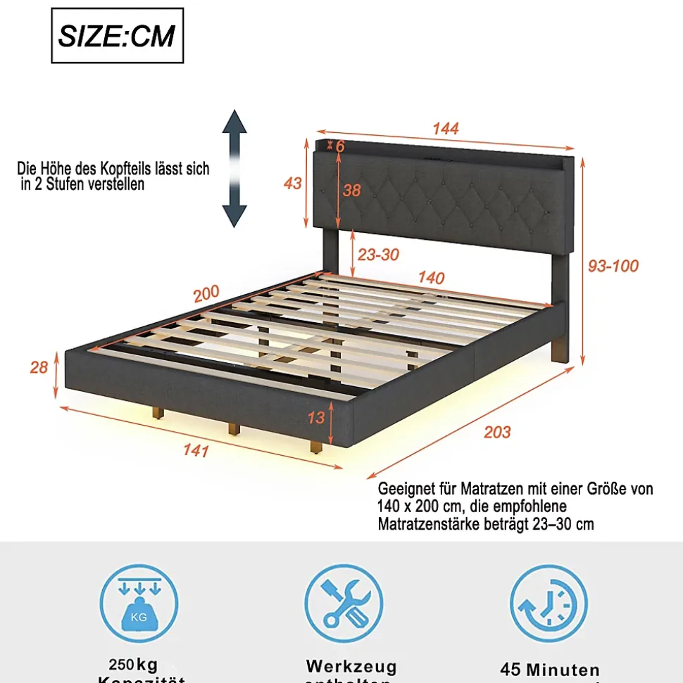 Lit 140x200 cm tapisse tissu lin gris, bande LED multicolore, port USB, coffre de rangement et tete de lit reglable