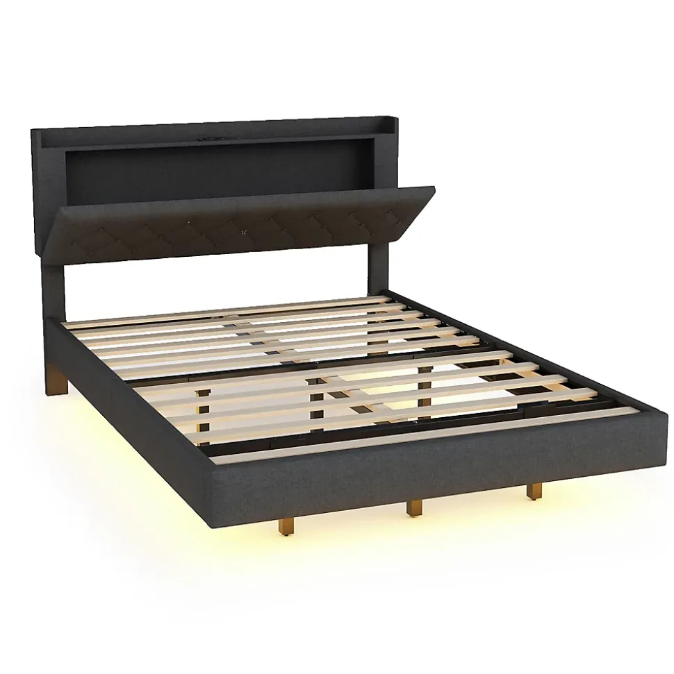 Lit 140x200 cm tapisse tissu lin gris, bande LED multicolore, port USB, coffre de rangement et tete de lit reglable