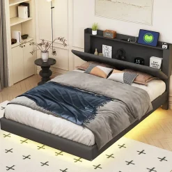 Lit 140x200 cm tapisse tissu lin gris, bande LED multicolore, port USB, coffre de rangement et tete de lit reglable