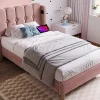 Lit 90x200 cm tapisse velours rose avec tete de lit rembourree et prise USB Type C integree